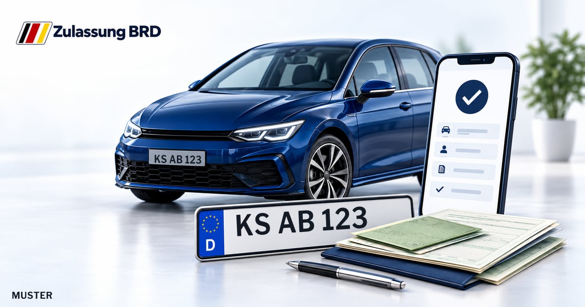 Online Fahrzeugzulassung in Fuldabrück: Musterkennzeichen KS AB 123, Auto und Fahrzeugpapiere und Smartphone. Illustration mit Logo von Zulassung BRD.